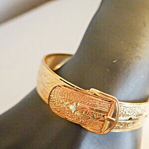 Art Deco 12K Yellow Gold-Filled Belt Buckle Floral Bangle Bracelet